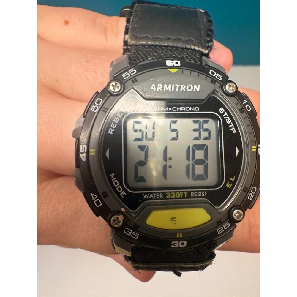 Armitron Digital Sport Watch Black Nylon Strap 330FT Water Resist Alarm Chrono